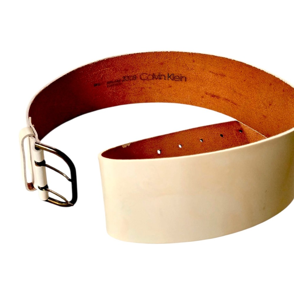 Vintage Calvin Klein Wide White Leather Belt M/L 37.5" 2.5" Width 80s 90s - Picture 16 of 16